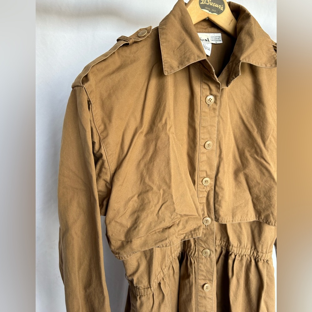 Vintage 1980’s Brown Cotton Trench Long Sleeved Dress With Elastic Waist sz 10 - Picture 5 of 9